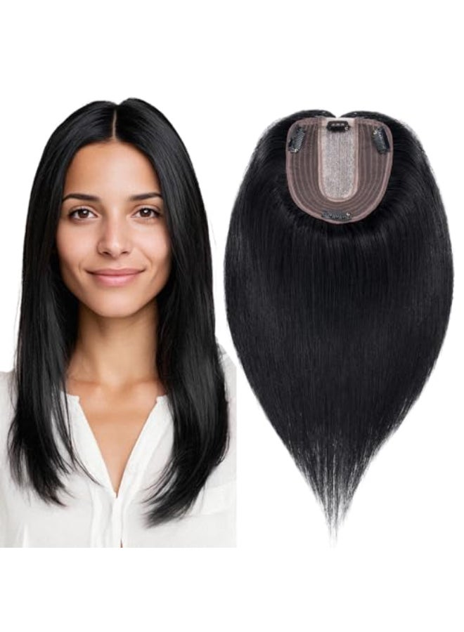 My Lady MYLADY Human Hair Toppers for Women Real Human Hair Thin 10 12CM Silk Base with Lace 130 Density Clip in Remy Hairpieces 10 Inch Jet Black - Image 1