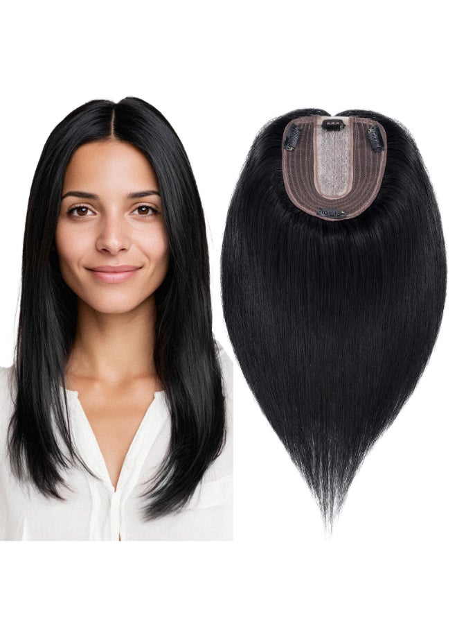 My Lady MYLADY Human Hair Toppers for Women Real Human Hair Thin 10 12CM Silk Base with Lace 130 Density Clip in Remy Hairpieces 10 Inch Jet Black - Image 2