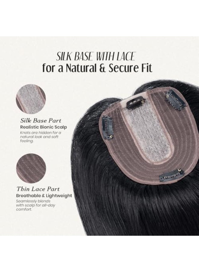My Lady MYLADY Human Hair Toppers for Women Real Human Hair Thin 10 12CM Silk Base with Lace 130 Density Clip in Remy Hairpieces 10 Inch Jet Black - Image 3