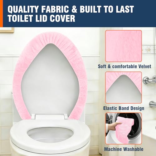 lanseyixiu Soft Plush Toilet Lid Cover for Bathroom, Machine Washable Toilet Seat Covers, Fits Most Round Elongated and Oblong Lids, Easy Installation& Cleaning (Pink) - Image 3