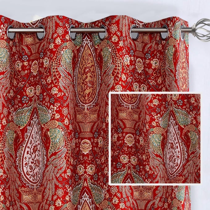 Red Curtains for Bedroom 84 Inch Room Darkening Blackout Medallion Peacock Pattern for Living Room Window Drapes Grommet 2 Layers 2 Panels