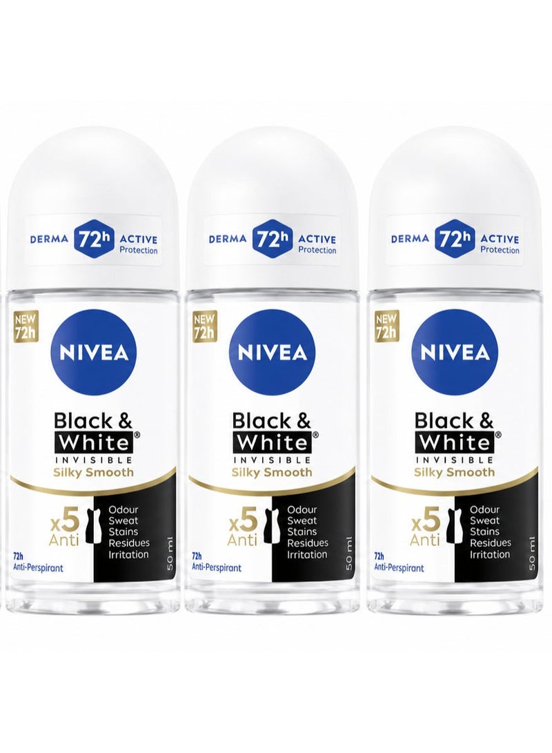Nivea Pack Of 3 Black And White Invisible Silky Smooth Roll On Anti Perspirant 50ml - Image 1