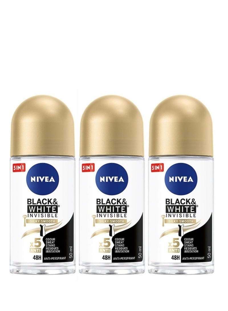 Nivea Pack Of 3 Black And White Invisible Silky Smooth Roll On Anti Perspirant 50ml - Image 2