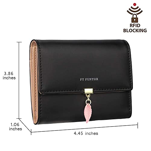 FT FUNTOR RFID Wallets for Women, Leaf Card Holder Trifold Ladies Wallets Coins Zipper Pocket with ID Window Small Black - Image 5