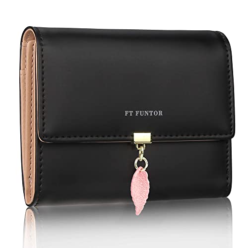FT FUNTOR RFID Wallets for Women, Leaf Card Holder Trifold Ladies Wallets Coins Zipper Pocket with ID Window Small Black - Image 1