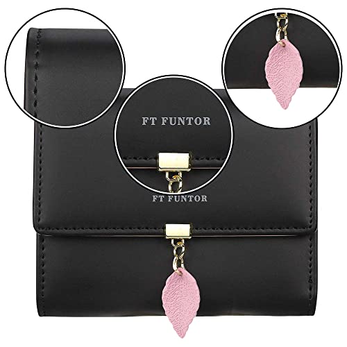 FT FUNTOR RFID Wallets for Women, Leaf Card Holder Trifold Ladies Wallets Coins Zipper Pocket with ID Window Small Black - Image 3
