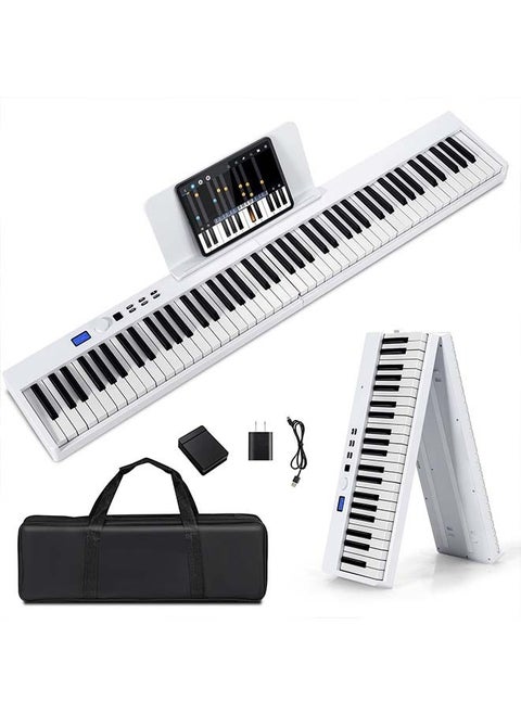 88-Key Foldable Digital Piano Keyboard, Full Size Semi-Weighted Keyboard, Portable Electric Piano w/MIDI, Split Function, Sustain Pedal & Carrying Bag for Beginner (White)