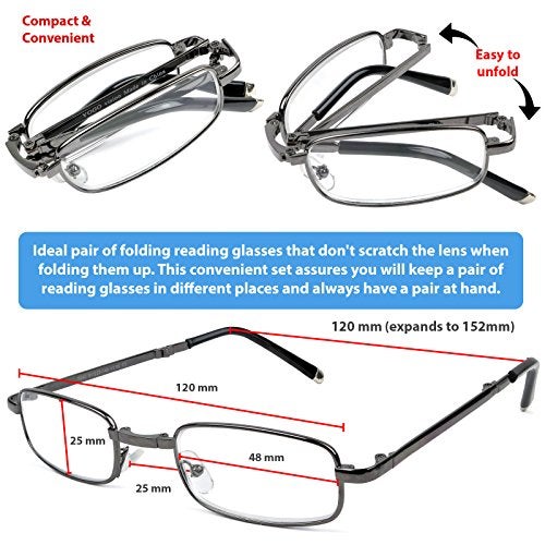 Success Eyewear مجموعة نظارات القراءة من Success - 2 نظارات قابلة للطي مع حافظات جلدية باللون البني والرمادي الداكن للقراءة للرجال والنساء - Image 2