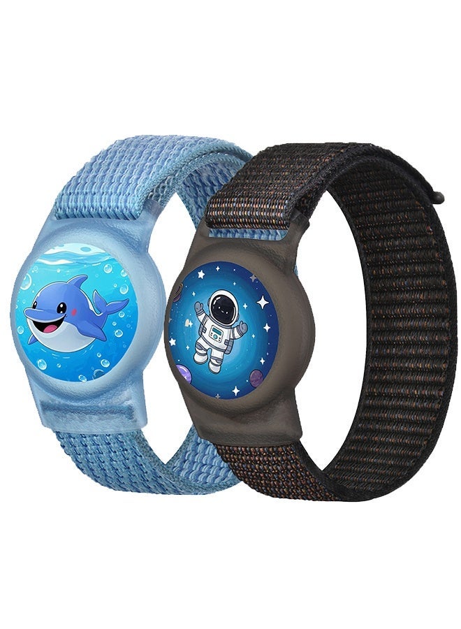 Durable Woven Airtag Wristband for Kids, 2 Pack Adjustable Nylon Strap for Apple Airtag - Secure, Comfortable & Breathable Anti-Lost Bracelet (Blue, Black) - Image 1