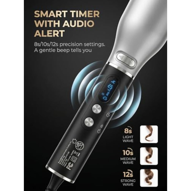 Automatic Rotating Curling Iron, 1 Inch Auto Hair Curler for Long Hair, Anti-Scald Curling Wand with LCD Display, 4 Heat Settings, Dual Rotation, Dual Voltage Travel Hair Curler, Silver - Image 3