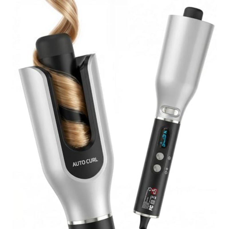 Automatic Rotating Curling Iron, 1 Inch Auto Hair Curler for Long Hair, Anti-Scald Curling Wand with LCD Display, 4 Heat Settings, Dual Rotation, Dual Voltage Travel Hair Curler, Silver - Image 1