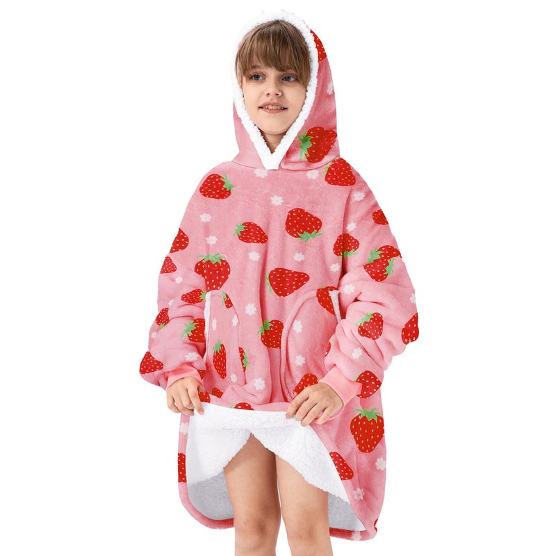 Zando Zando Blanket Hoodie for Kids Strawberry Blanket Hoodie Wearable Blanket Kids Oversized Blanket Hoodie Sweatshirt Blanket Comfy Blanket Hoodie Kids Cozy Warm Sherpa Blanket with Pocket Cute Gifts - Image 1