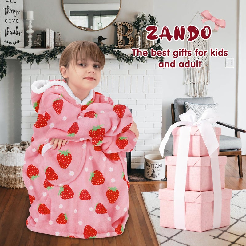 Zando Zando Blanket Hoodie for Kids Strawberry Blanket Hoodie Wearable Blanket Kids Oversized Blanket Hoodie Sweatshirt Blanket Comfy Blanket Hoodie Kids Cozy Warm Sherpa Blanket with Pocket Cute Gifts - Image 4