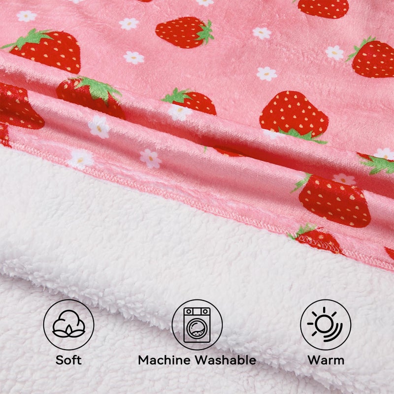 Zando Zando Blanket Hoodie for Kids Strawberry Blanket Hoodie Wearable Blanket Kids Oversized Blanket Hoodie Sweatshirt Blanket Comfy Blanket Hoodie Kids Cozy Warm Sherpa Blanket with Pocket Cute Gifts - Image 2