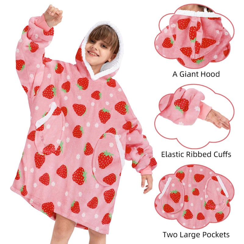 Zando Zando Blanket Hoodie for Kids Strawberry Blanket Hoodie Wearable Blanket Kids Oversized Blanket Hoodie Sweatshirt Blanket Comfy Blanket Hoodie Kids Cozy Warm Sherpa Blanket with Pocket Cute Gifts - Image 3