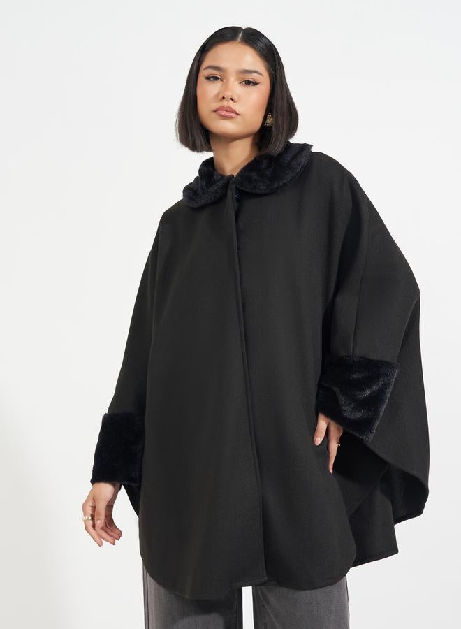 Styli Oversized Longline Faux Fur Trim Wool Like Cape Coat - Image 1