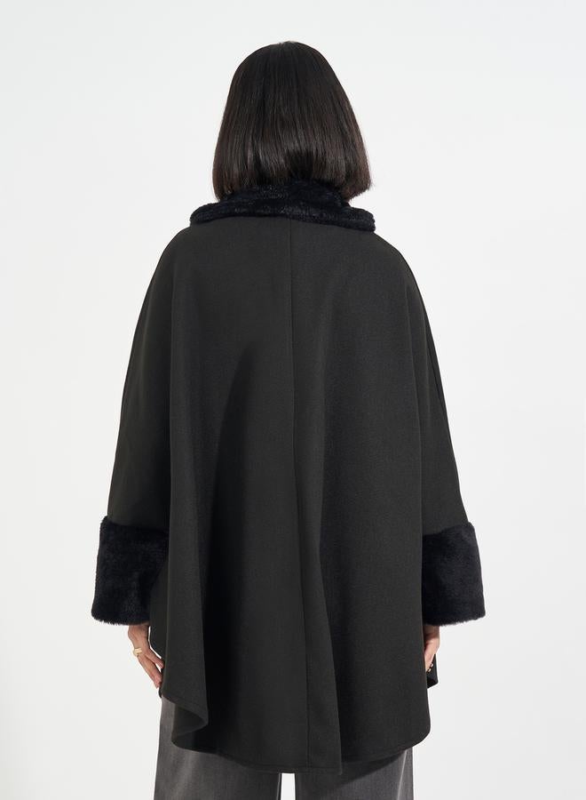 Styli Oversized Longline Faux Fur Trim Wool Like Cape Coat - Image 4