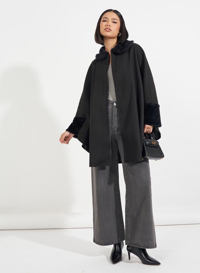 Styli Oversized Longline Faux Fur Trim Wool Like Cape Coat - Image 2