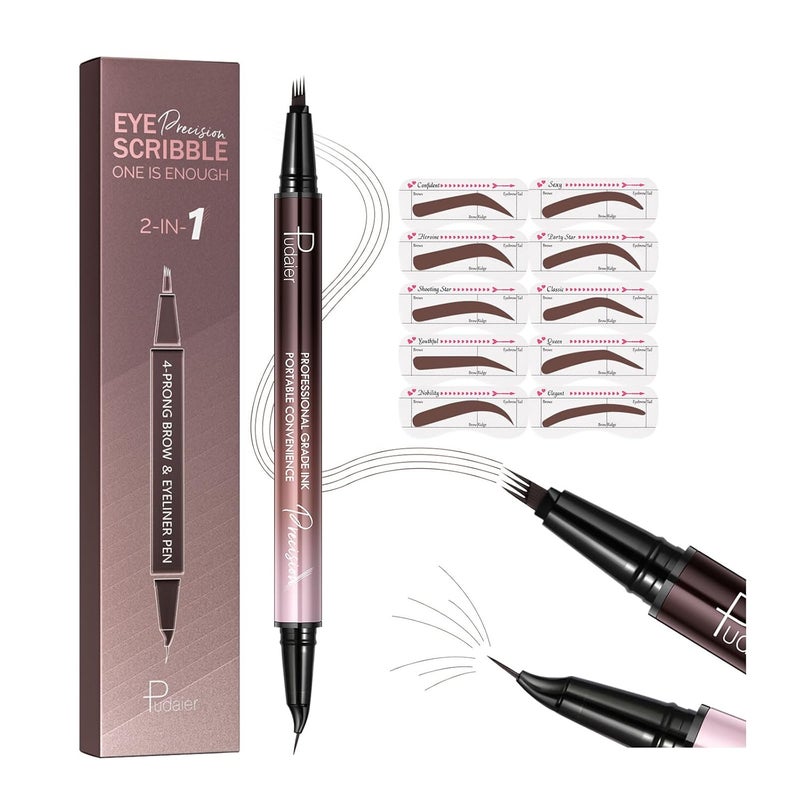 pudaier 2in1 Curved Eyebrow Pen and Eyeliner with 10Pcs Brow Stencils Microblading Eyebrow Pencil with 4 ForkTip and Curved Precise Tip Waterproof and Long Lasting Eyebrow Pencils for Women Cool Brown