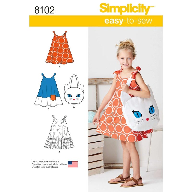 Simplicity 8102 Girl's Cat Tote Bag and Sundress Sewing Pattern, Sizes 3-8