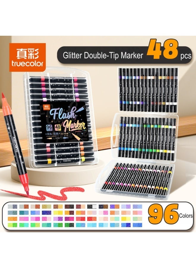True Color New Elementary School Art Pens, 48Count, 96Colors, Dual-Tip, Soft-Tip, Dreamy Glitter Acrylic Markers - Image 1