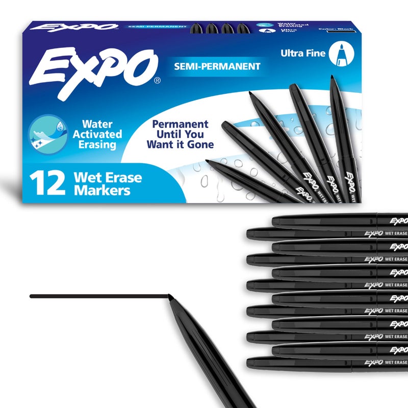 EXPO Wet Erase Markers, Semi-Permanent, Black, Ultra Fine Tip, 12 Count - For Writing on Glass, Whiteboards, Mirrors, Calendar, Labeling, Organizing - Image 1