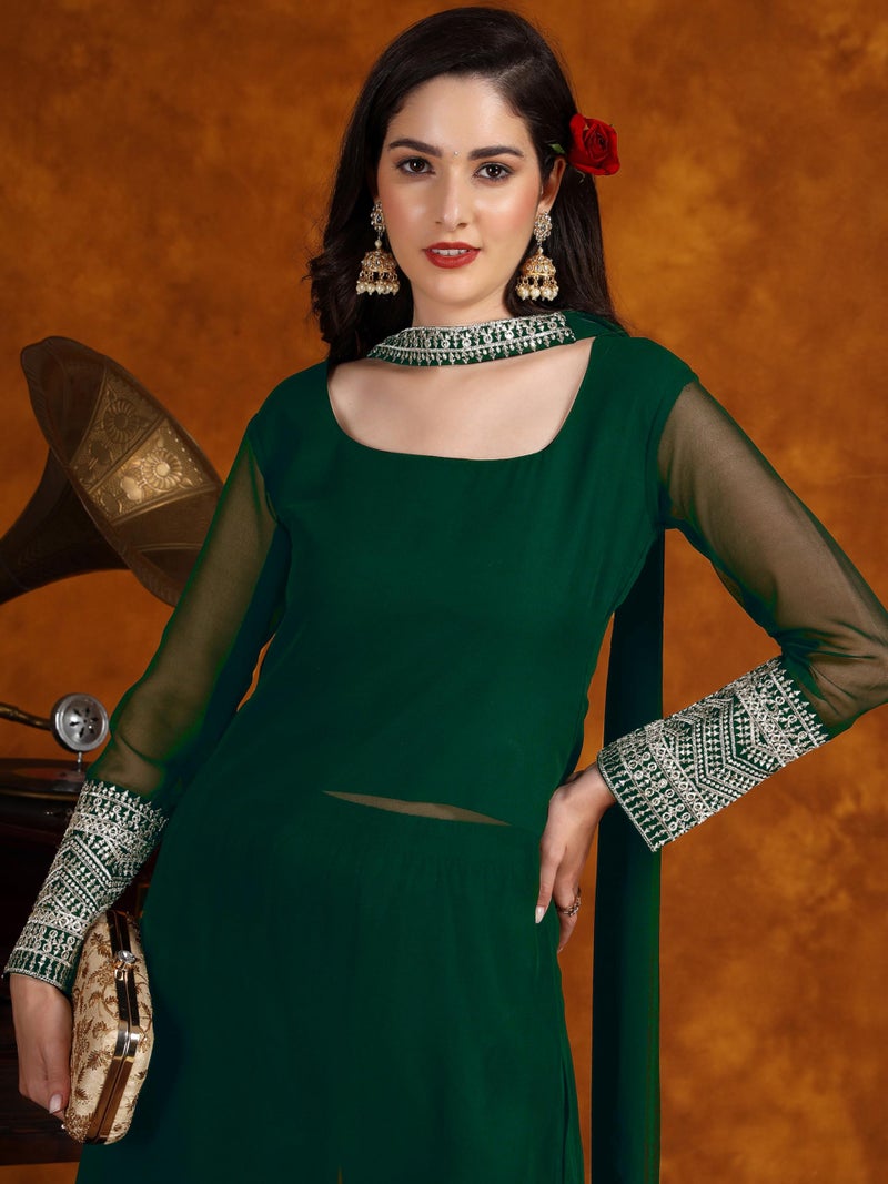 EthnicJunction Womens Georgette Lace Work Kurta Pant with Dupatta (Bottle Green) - Image 2