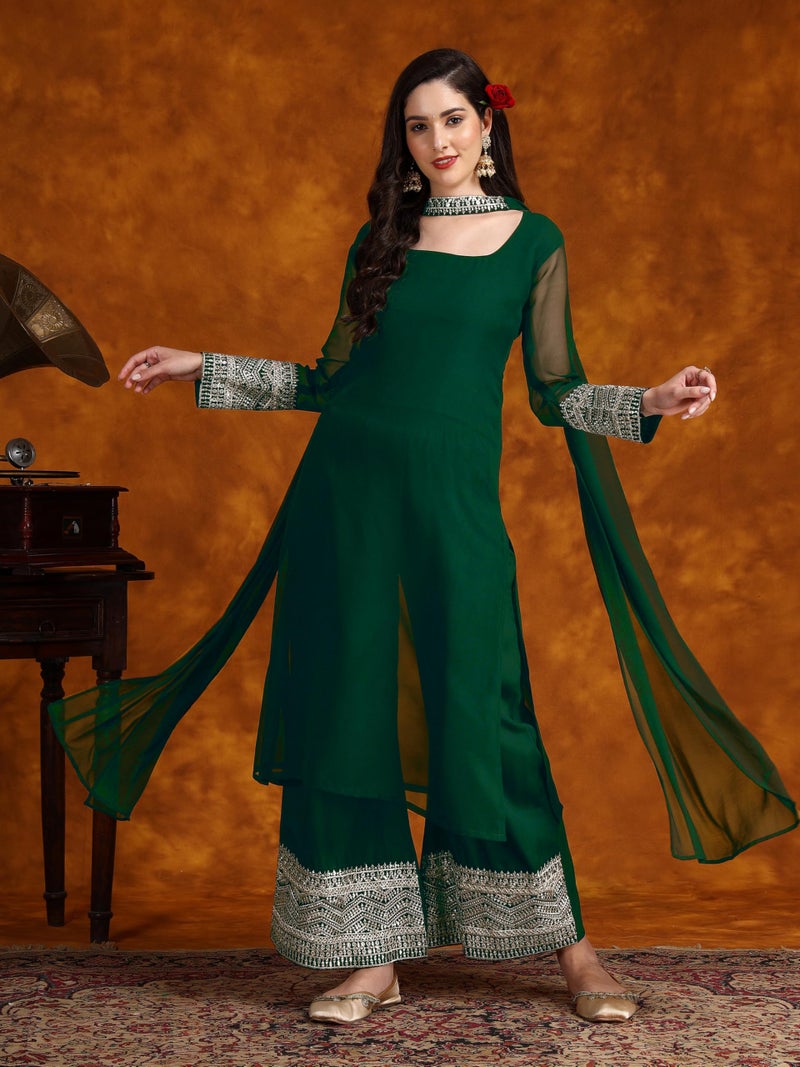 EthnicJunction Womens Georgette Lace Work Kurta Pant with Dupatta (Bottle Green) - Image 4