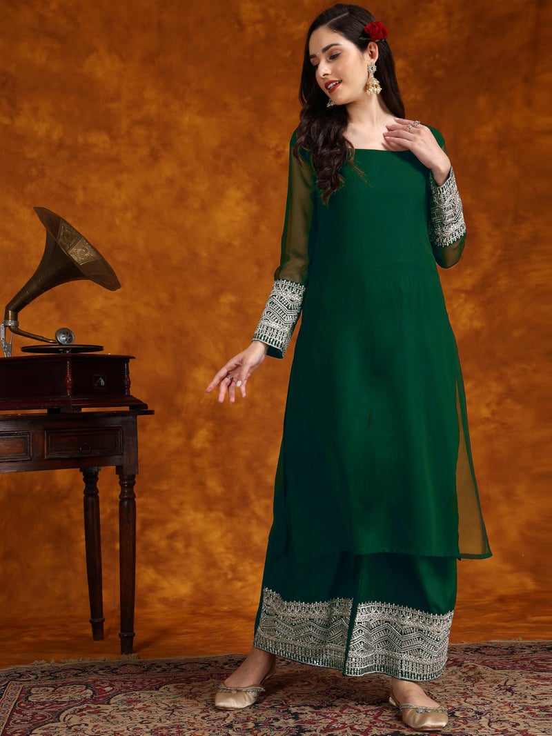 EthnicJunction Womens Georgette Lace Work Kurta Pant with Dupatta (Bottle Green) - Image 3