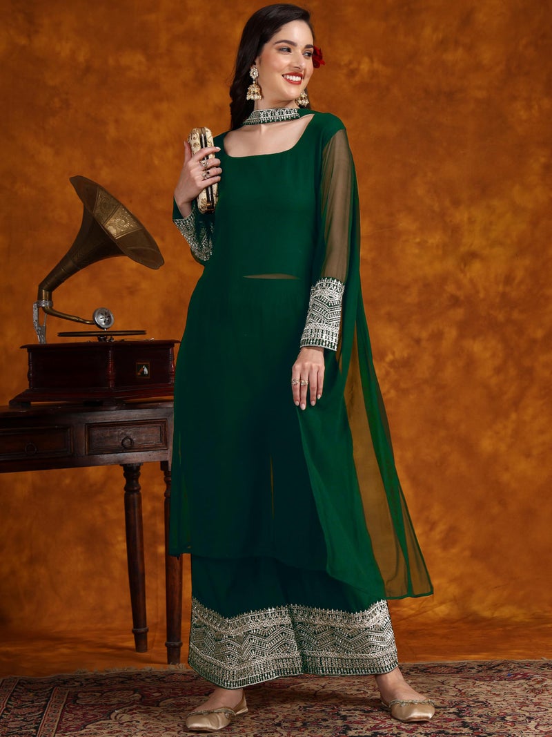 EthnicJunction Womens Georgette Lace Work Kurta Pant with Dupatta (Bottle Green) - Image 5