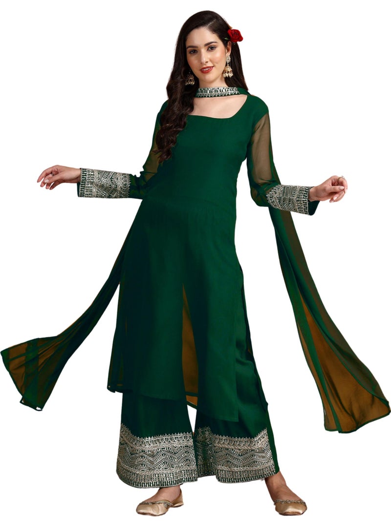 EthnicJunction Womens Georgette Lace Work Kurta Pant with Dupatta (Bottle Green) - Image 1