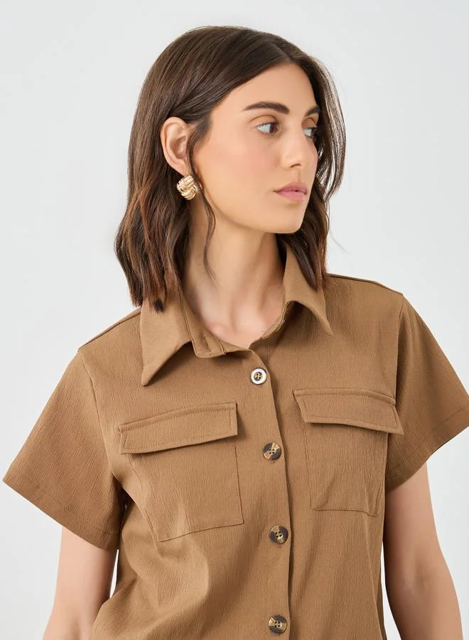 Take Two Take Two Brown Solid Shirt and Wide Leg Pants Co-Ords