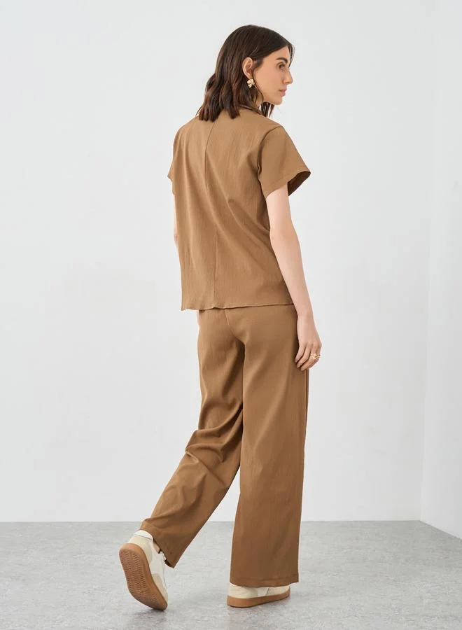 Take Two Take Two Brown Solid Shirt and Wide Leg Pants Co-Ords
