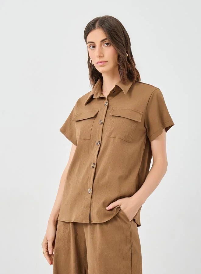 Take Two Take Two Brown Solid Shirt and Wide Leg Pants Co-Ords