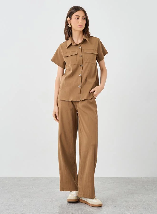 تايك تو Take Two Brown Solid Shirt and Wide Leg Pants Co-Ords