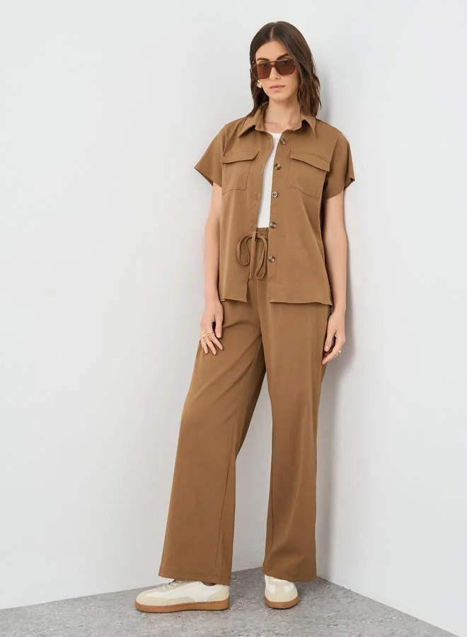 تايك تو Take Two Brown Solid Shirt and Wide Leg Pants Co-Ords