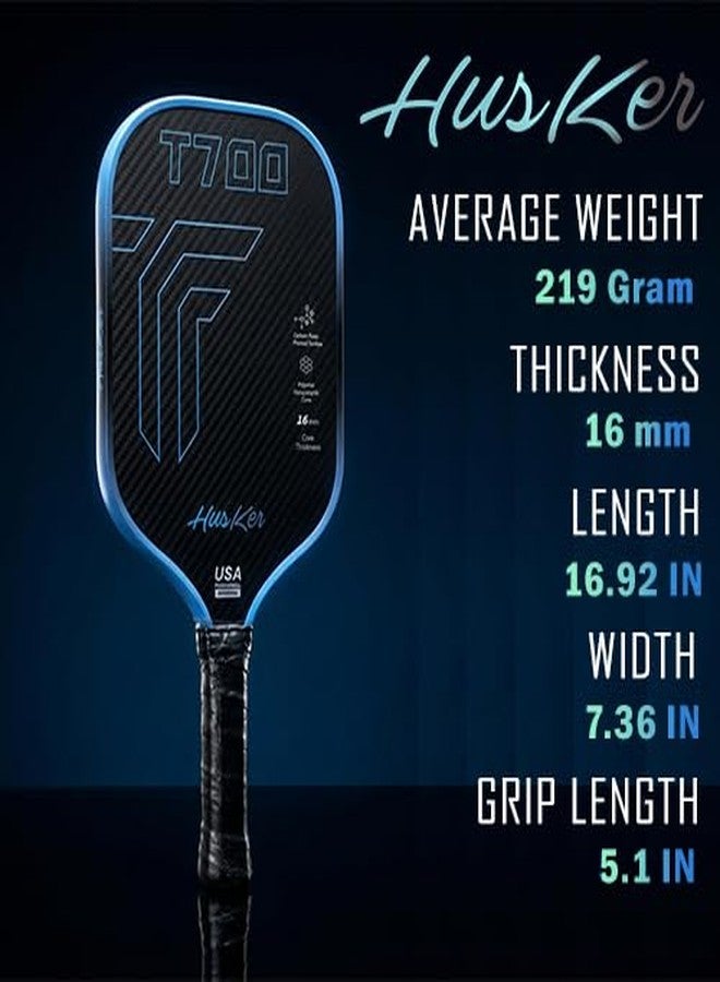 Husker USAPA Approved T700 RAW Carbon Fibre Thermoformed Pickleball Paddle with Spin & Textured Carbon Friction Surface and Elongated Handle Racket (T700-BLUE) - Image 4