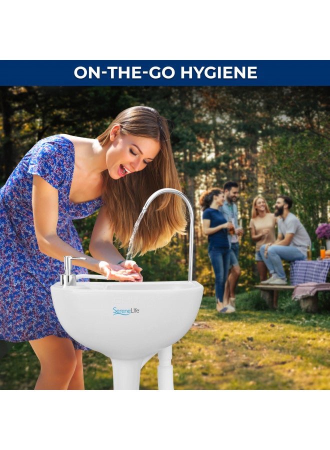 SereneLife Portable Camping Sink w/Towel Holder & Soap Dispenser-19L Water Capacity Hand Wash Basin Stand w/Rolling Wheels-for Outdoor Events, Gatherings, Worksite & Camping- SLCASN18, Standard, White
