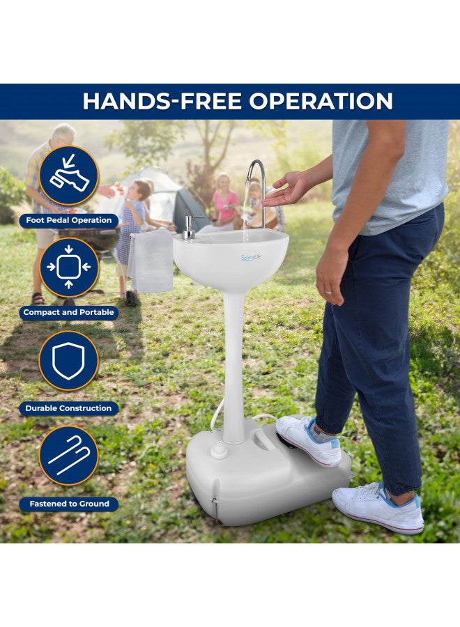 SereneLife Portable Camping Sink w/Towel Holder & Soap Dispenser-19L Water Capacity Hand Wash Basin Stand w/Rolling Wheels-for Outdoor Events, Gatherings, Worksite & Camping- SLCASN18, Standard, White