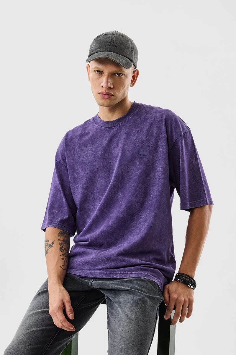 سنيتش Purple Textured Half Sleeve Oversized Streetwear T-Shirt
