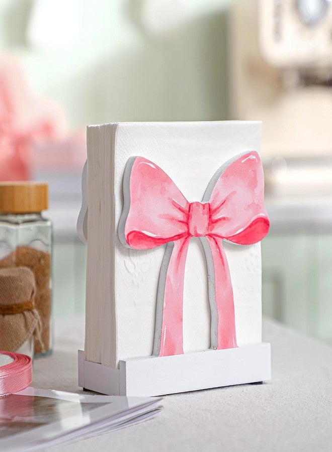 Marsui Pink Bow Napkin Holder for Table Cute Wooden Upright Coquette Bow Kitchen Napkin Holder for Table & Countertop Kitchen Upright Paper Storage Dispenser for Party - Image 3