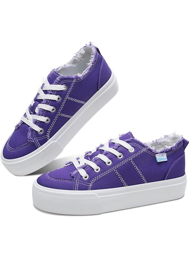 Obtaom Women Platform Canvas Sneakers White Comfort Play Fashion Sneakers Casual Lift Platform Lace Up Shoes CuteWalking Shoes for Lady(Purple,US6) - Image 1