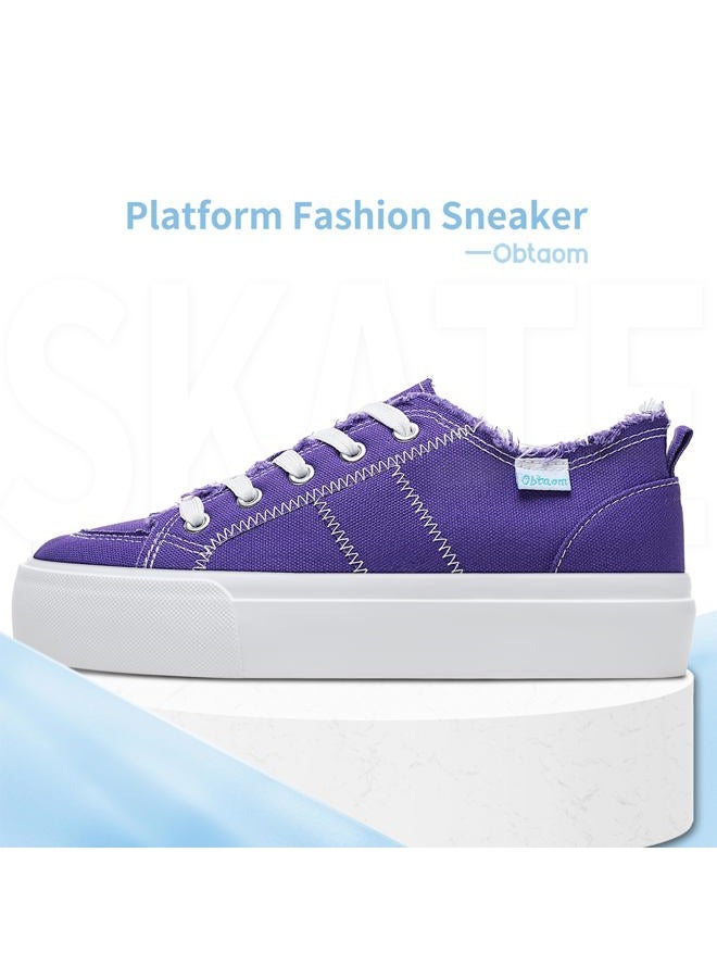 Obtaom Women Platform Canvas Sneakers White Comfort Play Fashion Sneakers Casual Lift Platform Lace Up Shoes CuteWalking Shoes for Lady(Purple,US6) - Image 3
