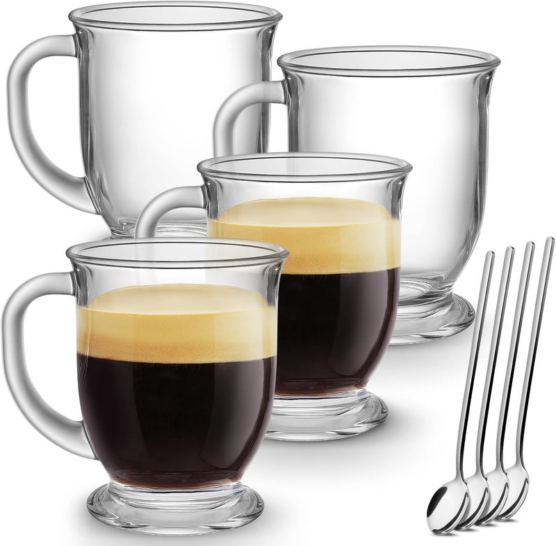 Mfacoy Glass Coffee Mugs Set of 4, Clear Large Coffee Mug 15 Oz With Handles for Hot Beverages, Clear Mugs for Tea, Cappuccino, Latte, Espresso Coffee, Juice, Glass Coffee Cups - Image 1