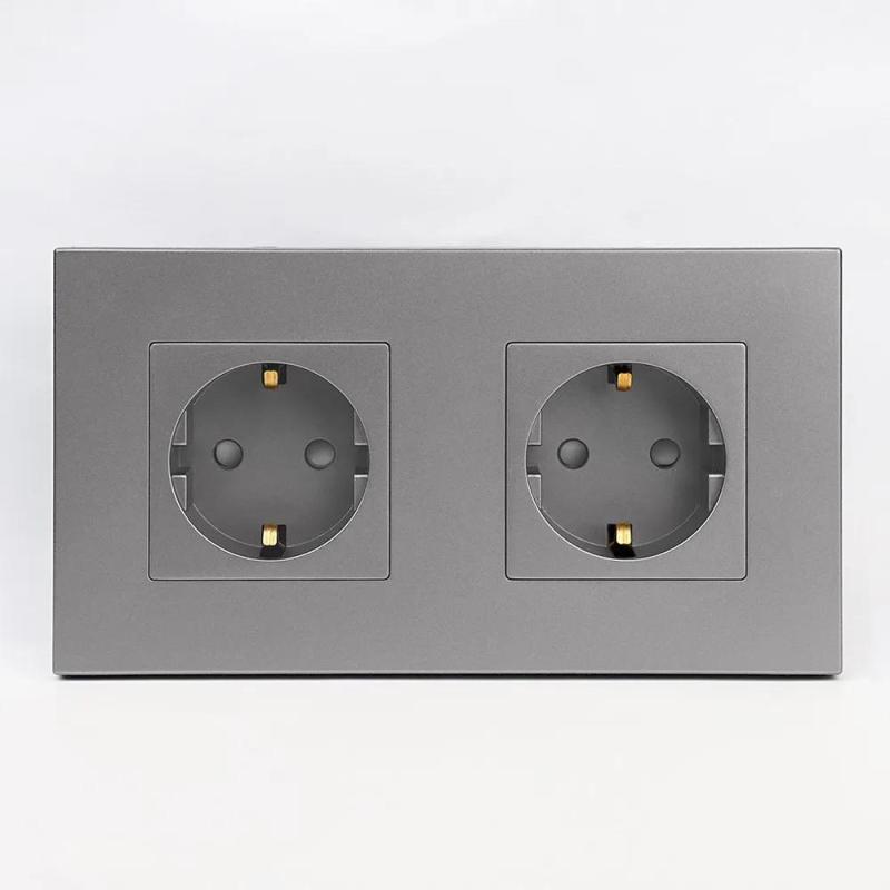 Double socket, 2 posts, 16A 250V, PC plastic frame, Gray, 157mm - Image 1