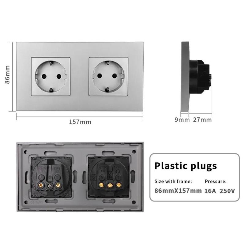 Double socket, 2 posts, 16A 250V, PC plastic frame, Gray, 157mm - Image 5