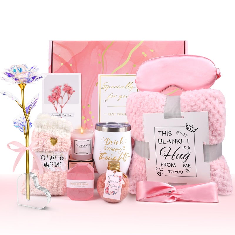 Birthday Gifts for Women Self Care Gifts Get Well Soon Gifts Rose Relaxing Spa Gifts Basket Care Package Luxury Flannel Blanket Unique Mothers Day Idea Gifts for Mom Her Grandma Friend Sister Wife