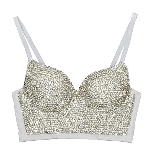 ELLACCI Women's Rhinestone Diamond Push up Bustier Crop Top Sexy Punk Corset Bra White Small - Image 1