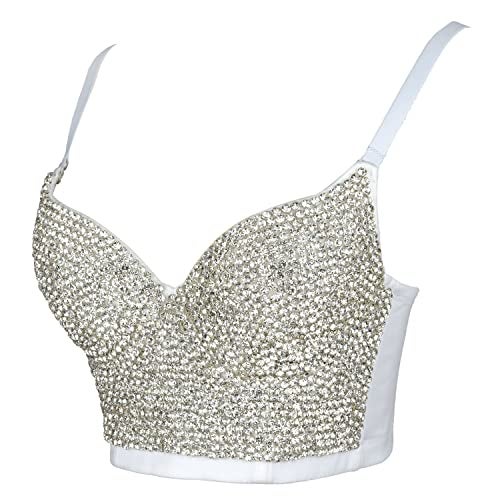 ELLACCI Women's Rhinestone Diamond Push up Bustier Crop Top Sexy Punk Corset Bra White Small - Image 3