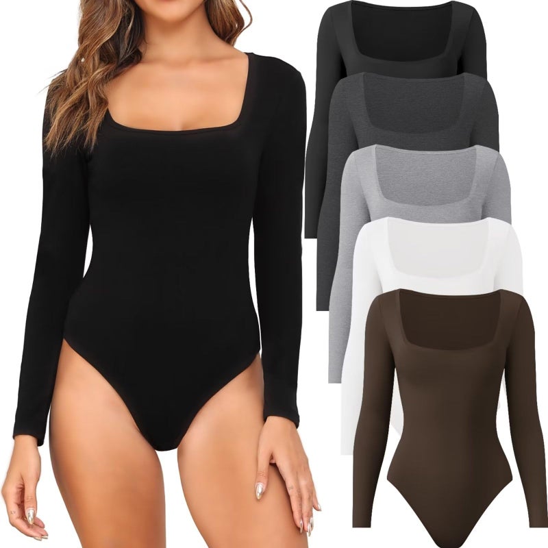 CE CERDR 45 Pack Long Sleeve Bodysuits for Women Square Neck Body Suit Stretchy Tops